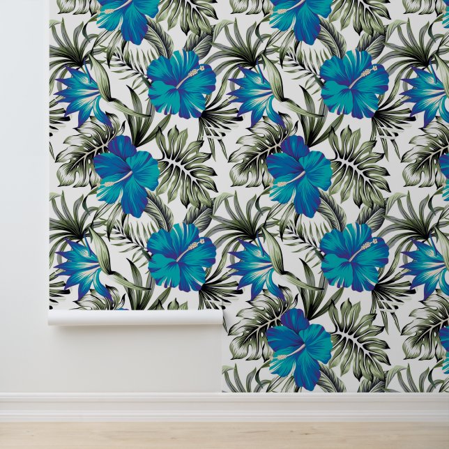 Papier Peint Feuilles de palmier Fleur d'Hibiscus Bleu Hawaïen  (Application)