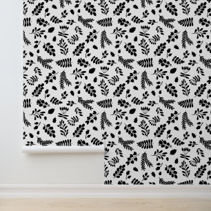 Papier Peint Feuilles et Berries Motif - Noir   Blanc