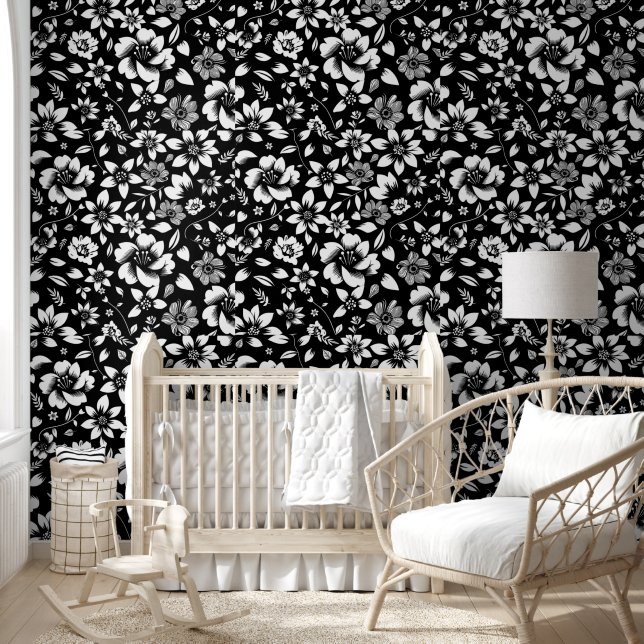 Papier Peint Feuilles floraux modernes en noir blanc (Enfants)