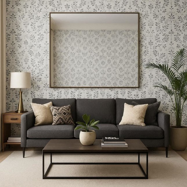 Papier Peint Feuilles grises abstraites sur fond blanc  (Traditional living room with large mirror and gray leaf print wallpaper )
