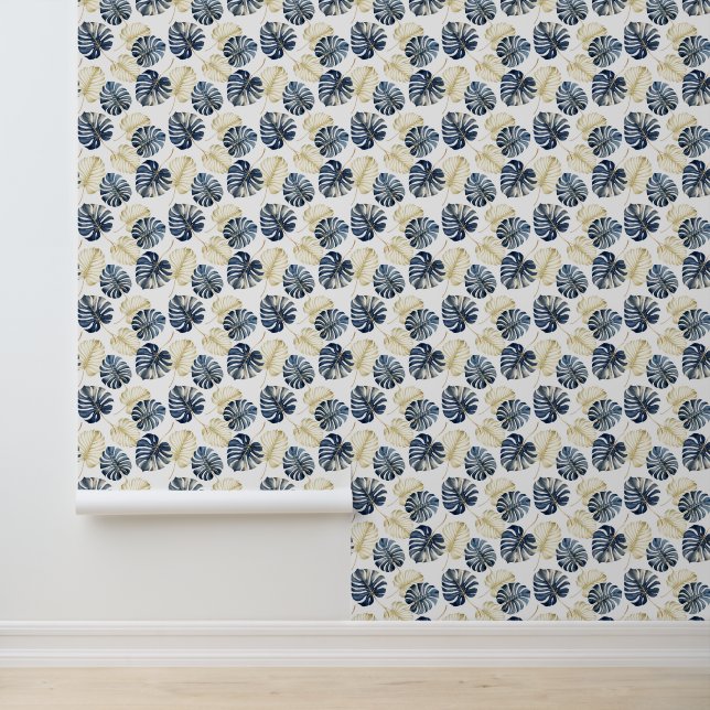 Papier Peint Feuilles Tropical Blue Gold (Application)