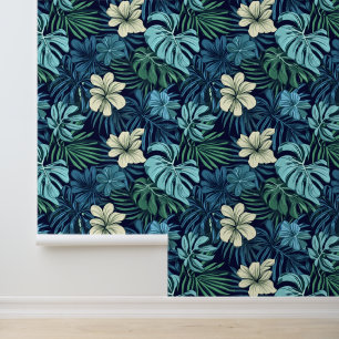 Papier Peint Feuilles tropicaux et fleurs bleu vert