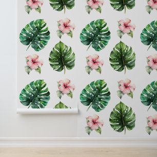 Papier Peint Feuilles tropicaux Fleurs d'Hibiscus rose