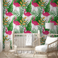 Feuilles tropicaux, Fleurs, Motif Flamants roses r