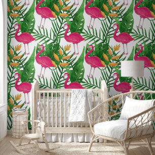 Papier Peint Feuilles tropicaux, Fleurs, Motif Flamants roses r