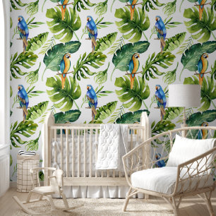 Papier Peint Feuilles tropicaux verts gras avec perroquets colo
