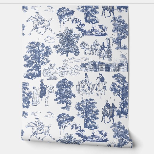 Papier Peint Fierté et Préjugés Chevaux Bleu Toile Bleu Blanc (Déroulement)