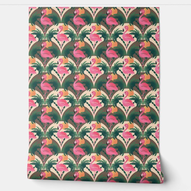 Papier Peint Flamant rose et Palms Retro brun motif (Déroulement)