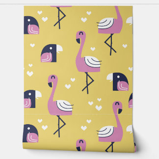 Papier Peint Flamant rose Jaune Safari Animaux Pépinière
