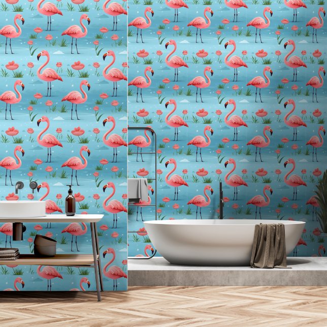 Papier Peint Flamant rose Motif d'eau bleu (Salle de bain)