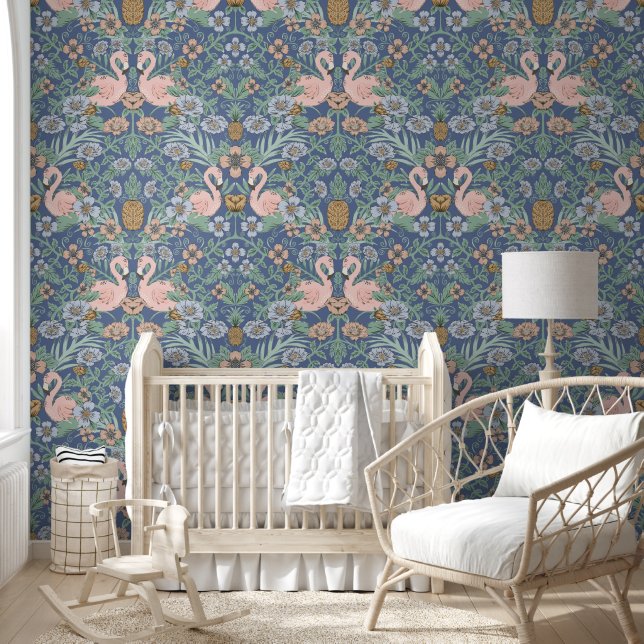Papier Peint Flamant rose rose et bleu Fleur Damas (Enfants)