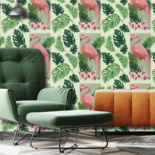 Papier Peint Flamant Rose Tropical Feuilles de Palmier Vert Lys