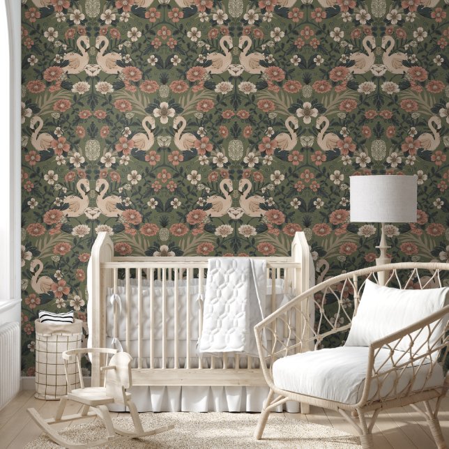 Papier Peint Flamant rose vert et rose Fleur Damas (Enfants)