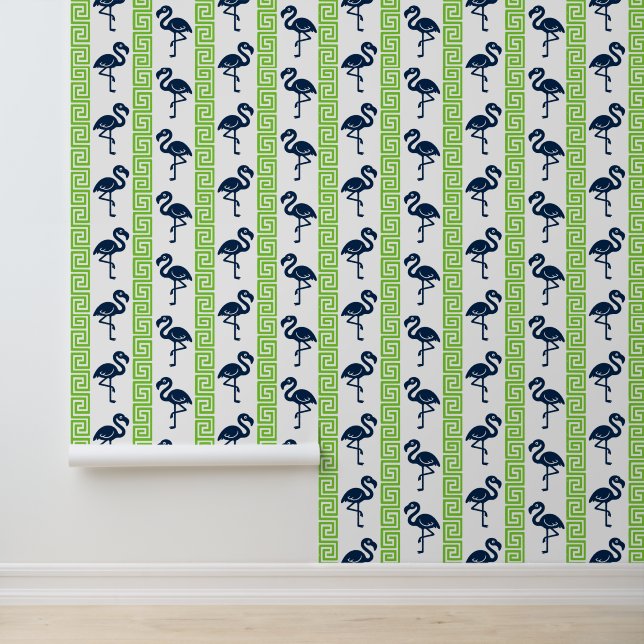 Papier Peint Flamant Tropical - Grec Navy & Lime (Application)