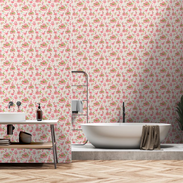 Papier Peint Flamants mignons et fleurs tropicales (Salle de bain)