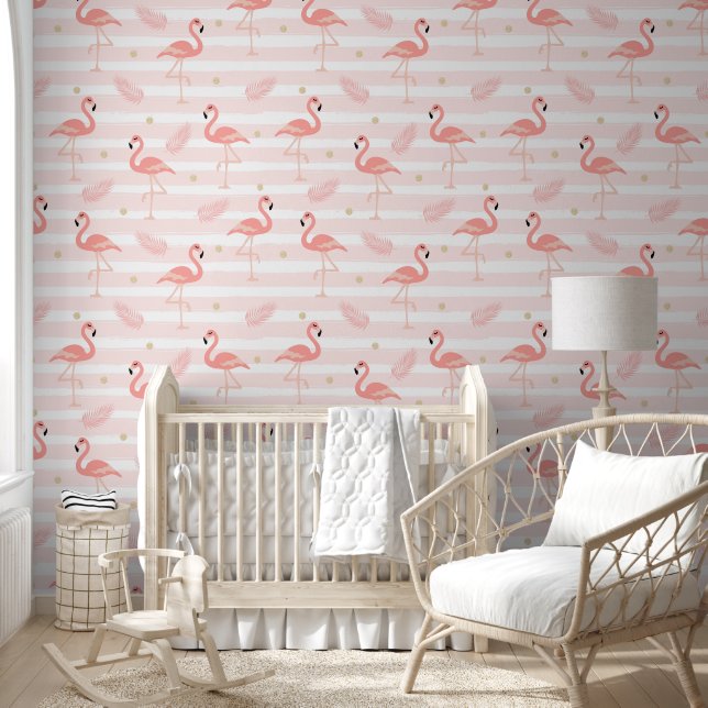 Papier Peint Flamants roses et plumes rose doux et chic (Enfants)