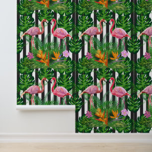 Papier Peint Flamants roses Grunge foncé Fleurs Grandes Verdure