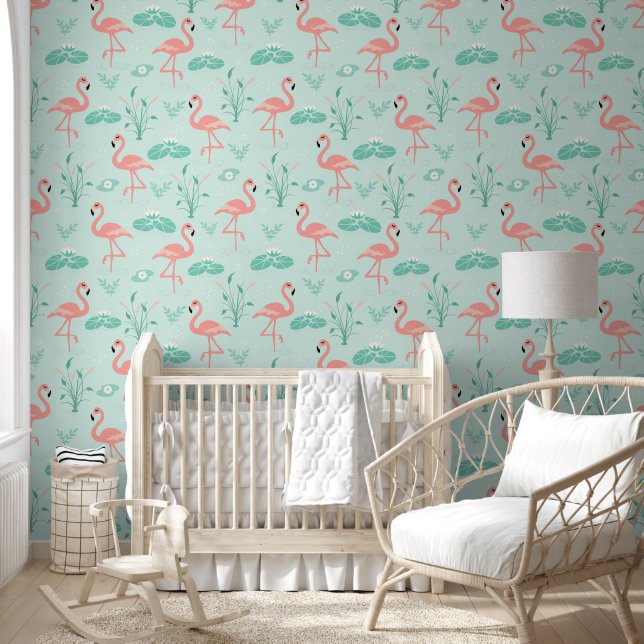 Papier Peint Flamants roses Rose Chic Dans Un Motif D'Étang (Enfants)