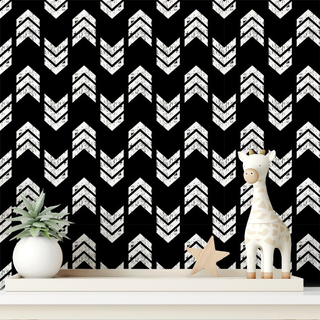 Papier Peint Flèches Chevron Texturées Modernes Noires et Blanc (Créateur téléchargé)