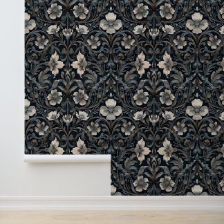 Papier Peint Fleur Blanche Fond Baroque Gothique Noir