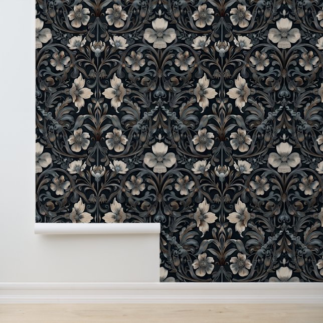 Papier Peint Fleur Blanche Fond Baroque Gothique Noir  (Application)