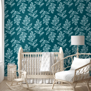 Papier Peint Fleur blanche Motif Botanique Fleur Turquoise fonc