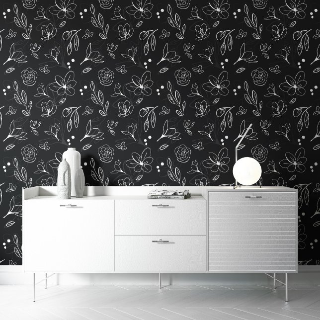 Papier Peint Fleur blanche noire motif botanique florale foncée (Black and white floral patter peel and stick wall paper by Lorena Depante.)