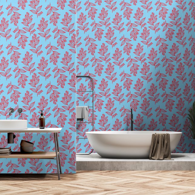 Papier Peint Fleur Bleu Rouge Botanique Floral Line Motif Art (Salle de bain)
