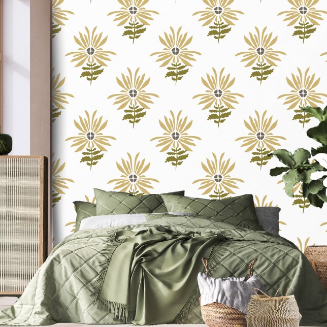 Papier Peint Fleur Boho Retro Abstraite de marguerite jaune (Peel and stick Daisy wallpaper)