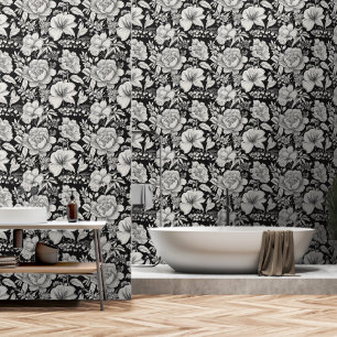 Papier Peint Fleur Classique Noir et Blanc Vintage