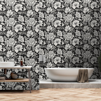 Papier Peint Fleur Classique Noir et Blanc Vintage