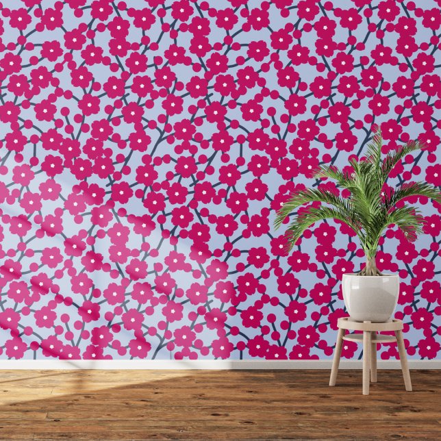 Papier Peint Fleur de cerisier Magenta rose bleu (PInk and blue cherry blossom art wallpaper)