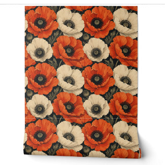 Papier Peint Fleur de Pavot Rouge Vintage