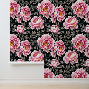 Papier Peint Fleur de pivoine motif rose noir or grand floral