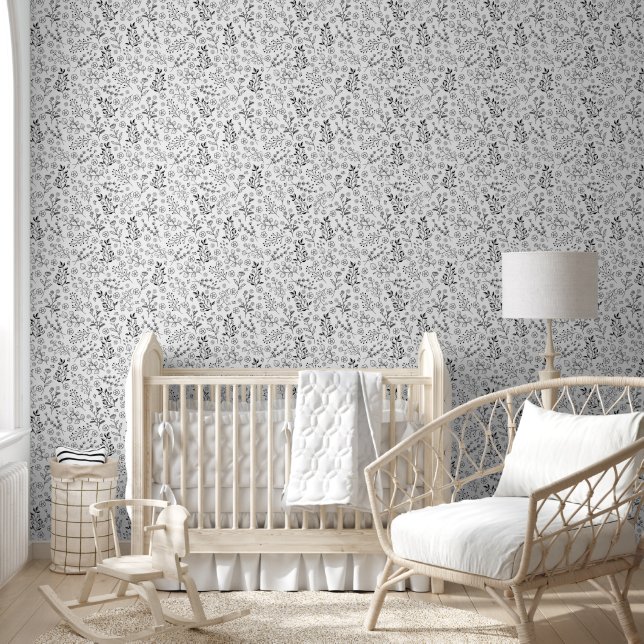 Papier peint fleur doodle monochrome noir et blanc (Enfants)