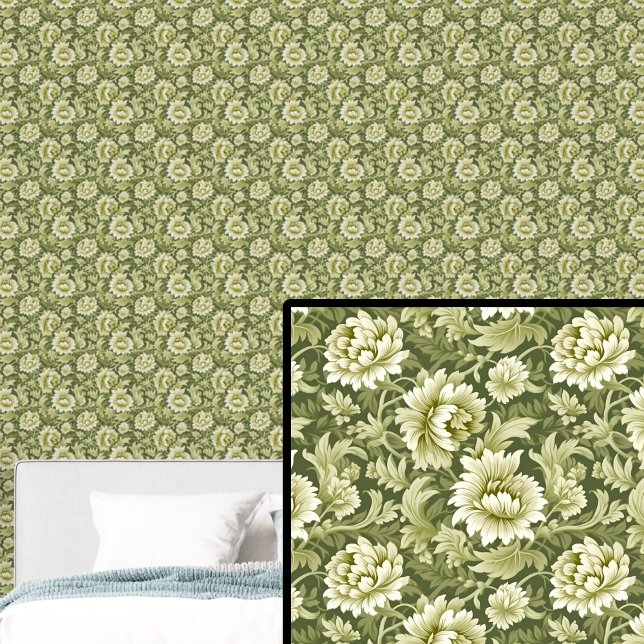 Papier Peint Fleur et feuille botanique vert moyen et clair (Créateur téléchargé)