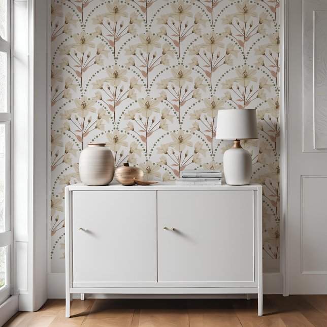 Papier Peint Fleur fleurie géométrique Blanc Beige Lily Motif (Créateur téléchargé)