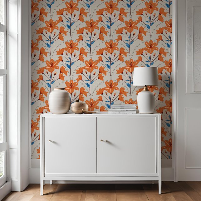 Papier Peint Fleur florale géométrique Motif bleu orange (Créateur téléchargé)
