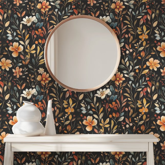 Papier Peint Fleur foncé Midnight Garden Moody Botanique Noir (Dark Floral Midnight Garden Moody Botanical Black Wallpaper)