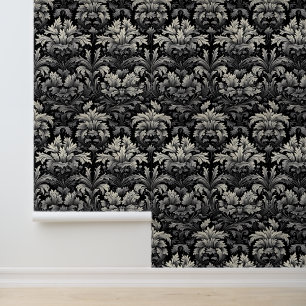 Papier Peint Fleur Gothique Baroque Argent Noir à