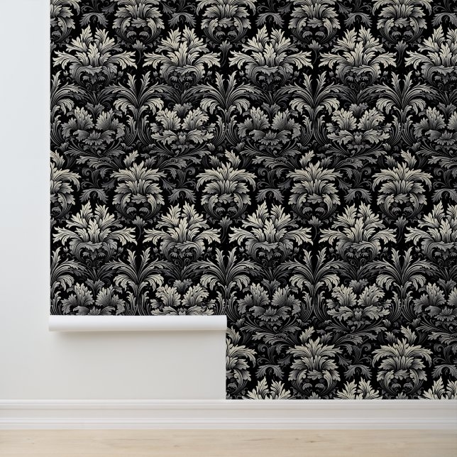 Papier Peint Fleur Gothique Baroque Argent Noir à  (Application)