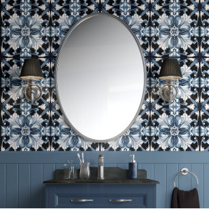 Papier Peint Fleur Regal Froid Bleu Blanc Noir Traditionnel