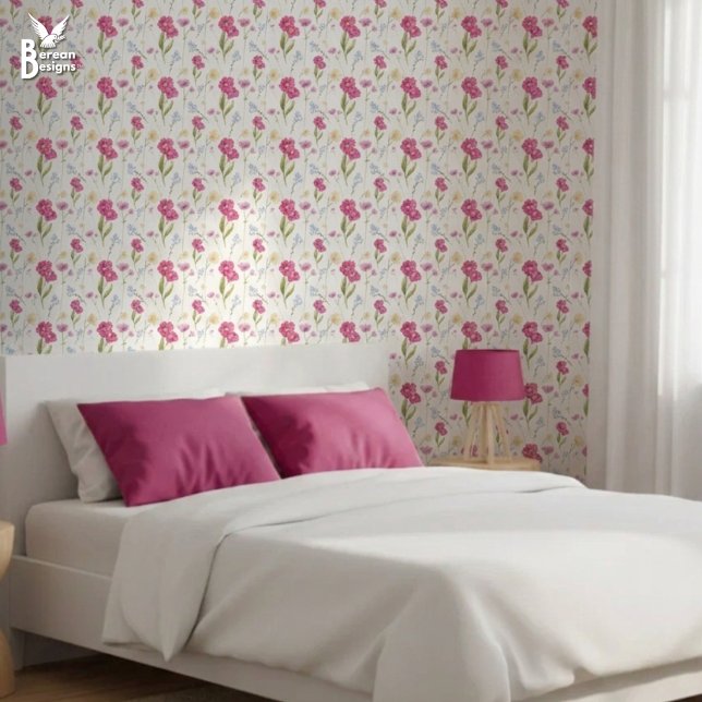 Papier Peint Fleur rose aquarelle fleur sauvage (Pretty Pink Wildflower Wallpaper. Ideal diy spring decor for feminine bedroom. Matching available.)