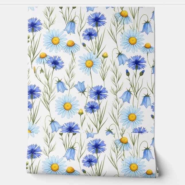 Papier Peint Fleur sauvage aquarelle bleue (Déroulement)
