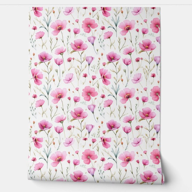 Papier Peint Fleur sauvage aquarelle rose  (Déroulement)
