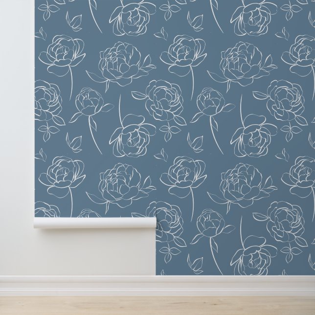 Papier Peint Fleur Sauvage Moderne Bleu Blanc (Application)