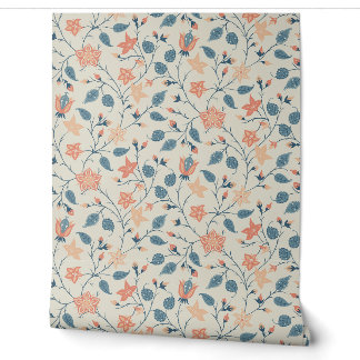 Papier Peint Fleur Traînante - Paisley - Pêche et Bleu Poussiér