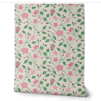 Papier Peint Fleur Traînante - Paisley - Rose Clair et Vert