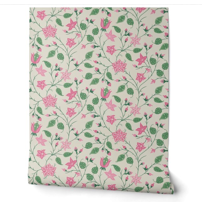 Papier Peint Fleur Traînante - Paisley - Rose Clair et Vert  (Déroulement)