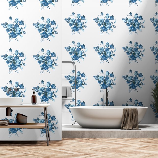 Papier Peint Fleurs bleues Design Vintage Rétro (Salle de bain)
